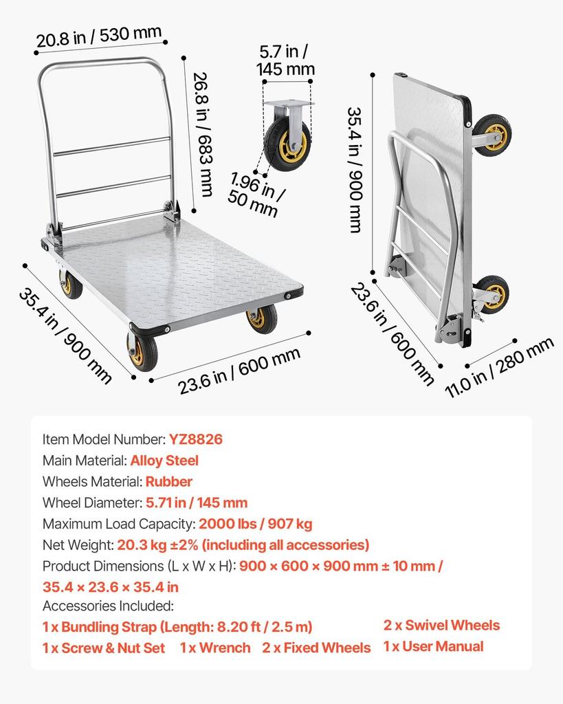 Platform Truck, 907.18 Kg Capacity, Heavy Duty Steel Flatbed Cart with Swivel Wheels and Handle, Foldable Platform Hand Push Truck Dolly, for