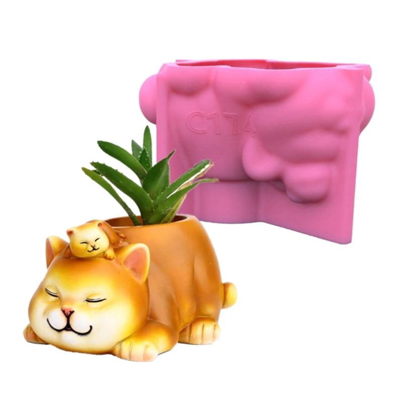 Mother and Son Cat Owl Silicone Mold Flower Epoxy Resin Casting Mold Succulent Vase Cement Mold Candle Holder Mold