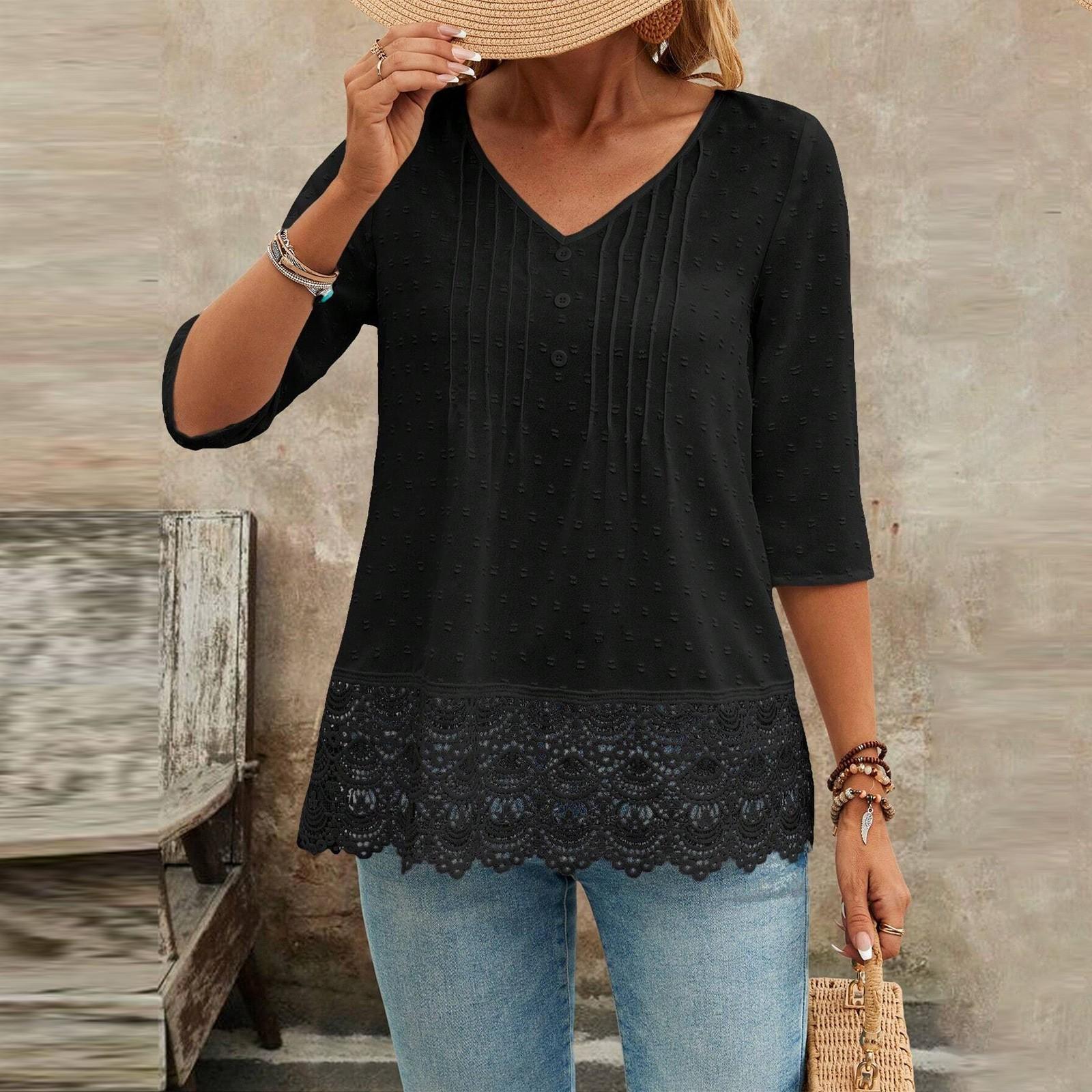 

Women s Fashionable Solid Color V-neck Seven Quarter Sleeve Embroidery Lace Casual Shirt Top L чорний