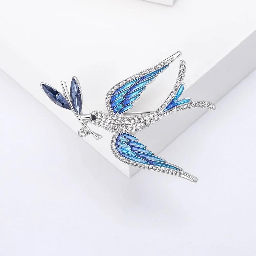 Exquisite Fashion Full Zircon Enamel Swallow Bit Branch Brooches for Women Creativity Crystal Bird Pin Party Jewelry Accessory