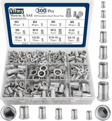 MetricSAE Nut Assortment Kit(300 Pcs), M3 M5 M6 M8 M10 M12#8-32#10-24 1/4"-20 5/16"-18 3/8"-16 304 Stainless Steel Rivnut Set UNC Flat Head Nutsert