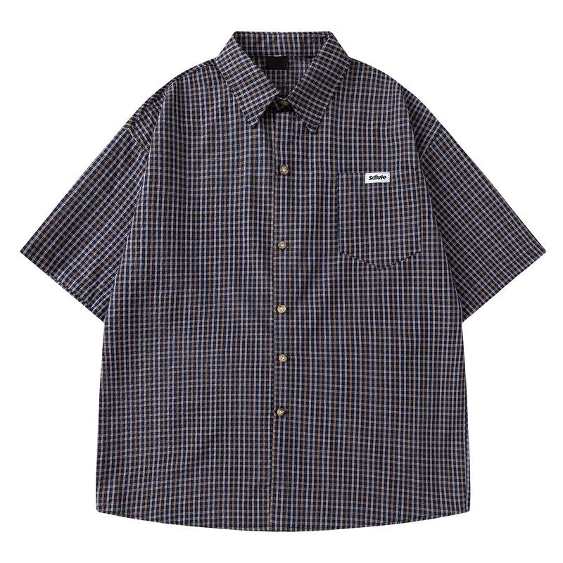 [Clothing Life] American trendy brand plaid short-sleeved tooling shirt summer casual loose plaid half-sleeved shirt men M синий
