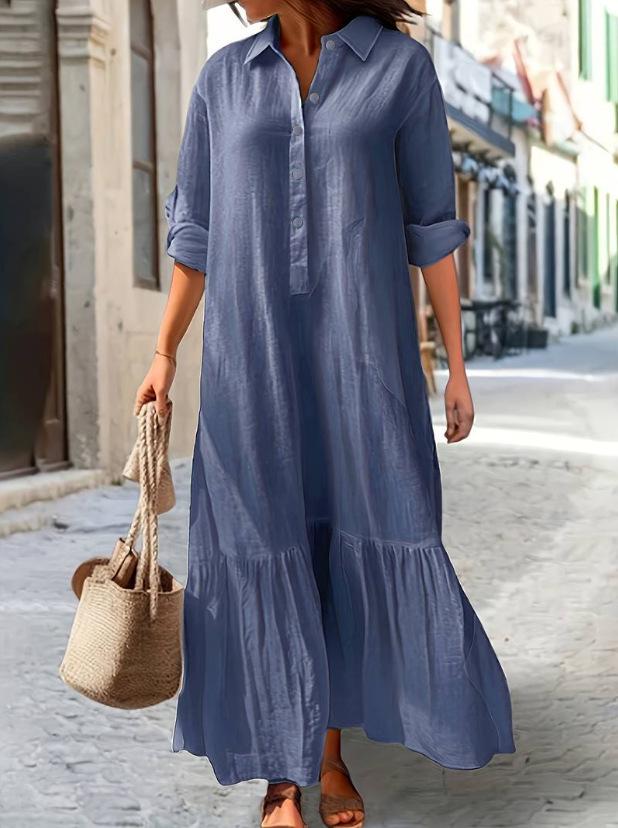 New Cotton and Linen Long Irregular Dress Shirt Collar Button Casual Dress