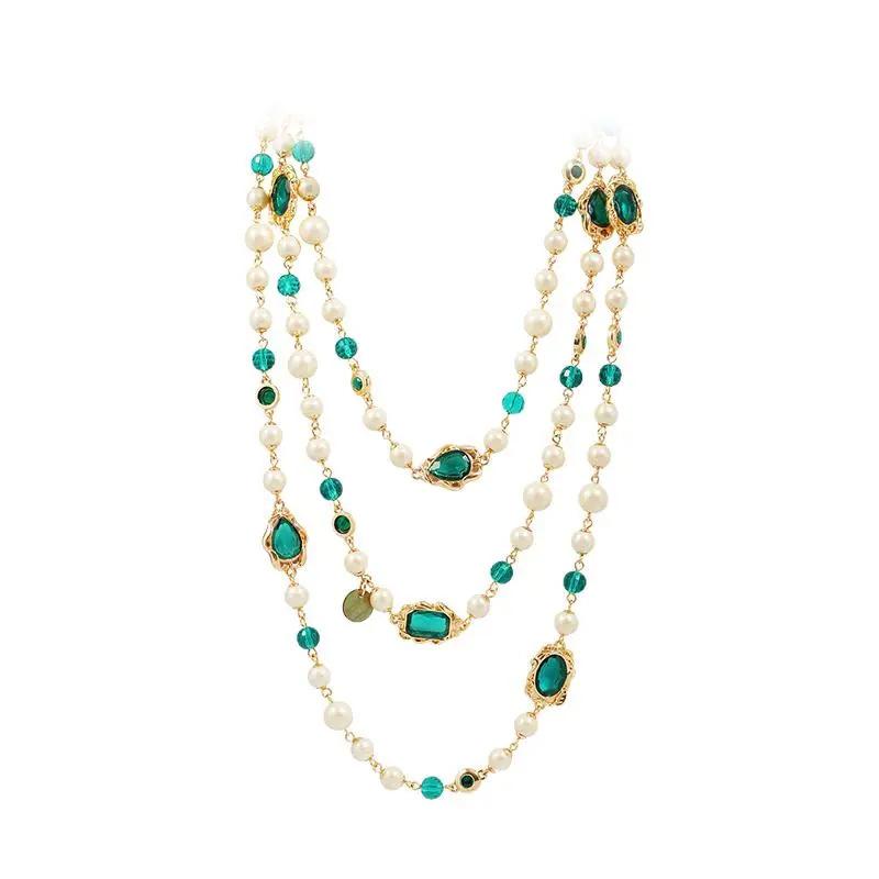 

Vintage Double Layer Pearl Glass Green Gemstone Long Necklace Women Handmade Sweater Chain Layering Tweed Style Elegant Statement Fashion зелений