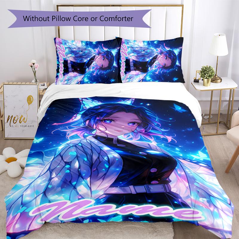 3pcs Custom Name Demon Slayer Shinobu Kocho Bedding Set Duvet Cover Closure Includes 1 Duvet Cover & 2 Pillowcases for All Seasons Bedroom Decor