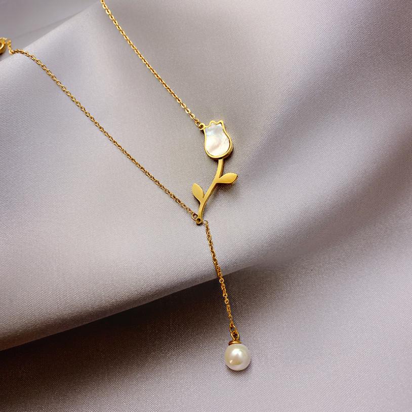 316L Stainless Steel New Fashion Upscale Jewelry Shell Pearl Tassel vintage Tulip Charms Chain Choker Necklace Pendant For Women