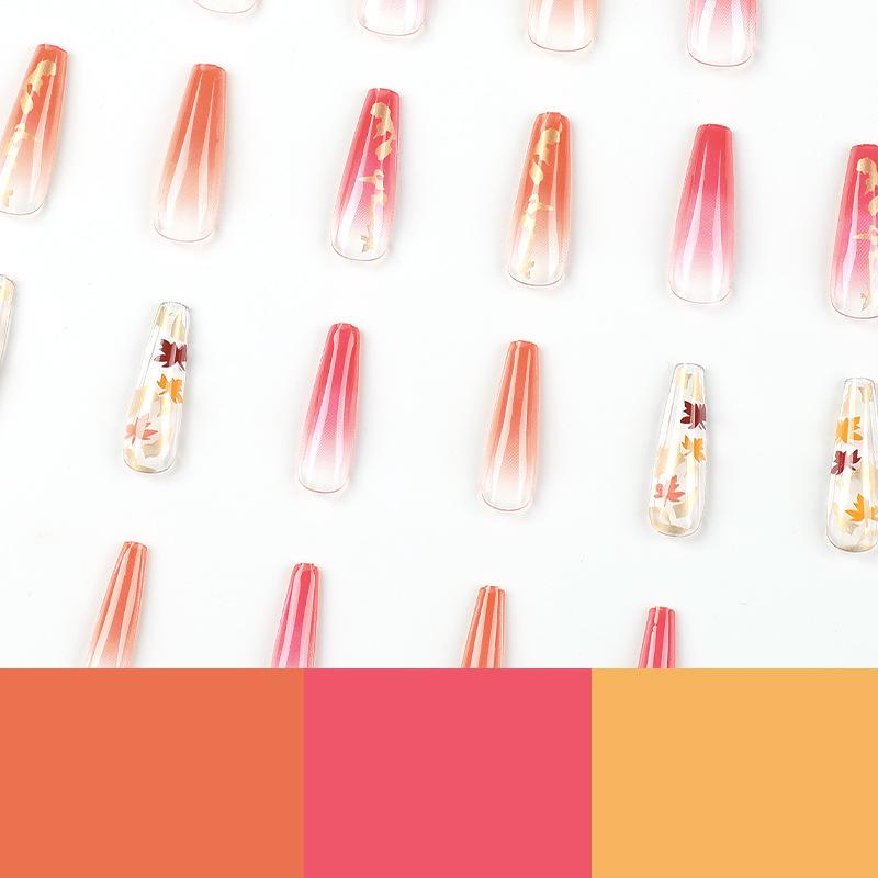 24Pcs/Set Quick Nails Long Maple Leaf False Nials Sticker Wearable Waterproof Manicure Finished Nails