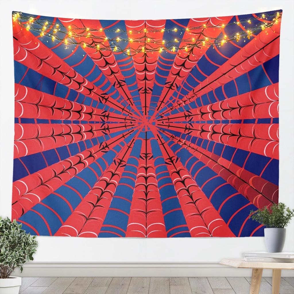 Spider Web Tapestry, HD Print with Red & Blue Web Pattern & Black Spider, Wall Decor for Bedroom, Cool Bohemian Style