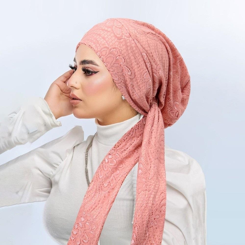 Soft Stretch Lace Women Hijabs Headscarf Lady Bandana Caps Fashion Muslim Turban Hats розовый