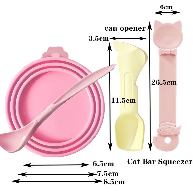 

4-piece set, pet food can lid+spoon+cat bar squeezer+can opener, suitable for most standard sized cat and dog food cans.