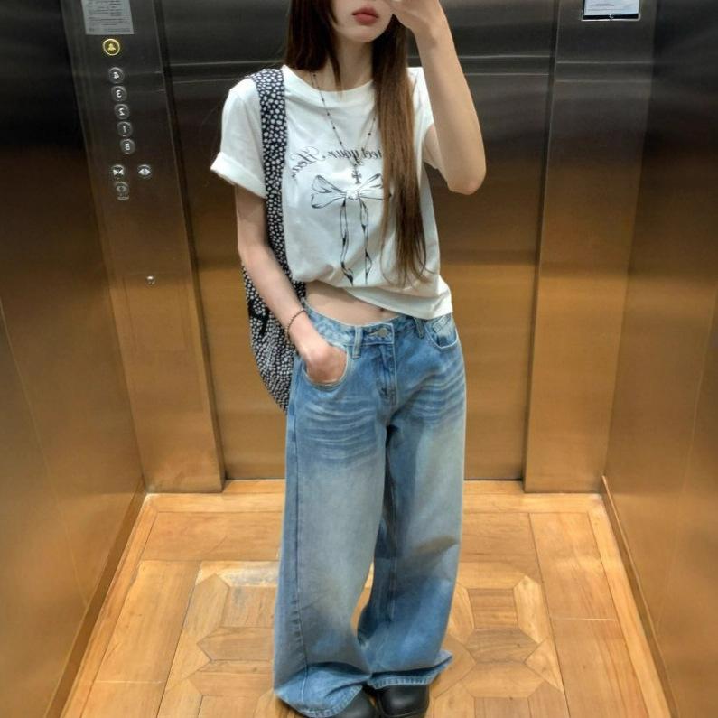 Drapey Sense of The High-waisted Wide-legged Jeans Women's Blue Autumn Versatile Loose and Skinny Dragging Straight Trousers Long Denim Pants