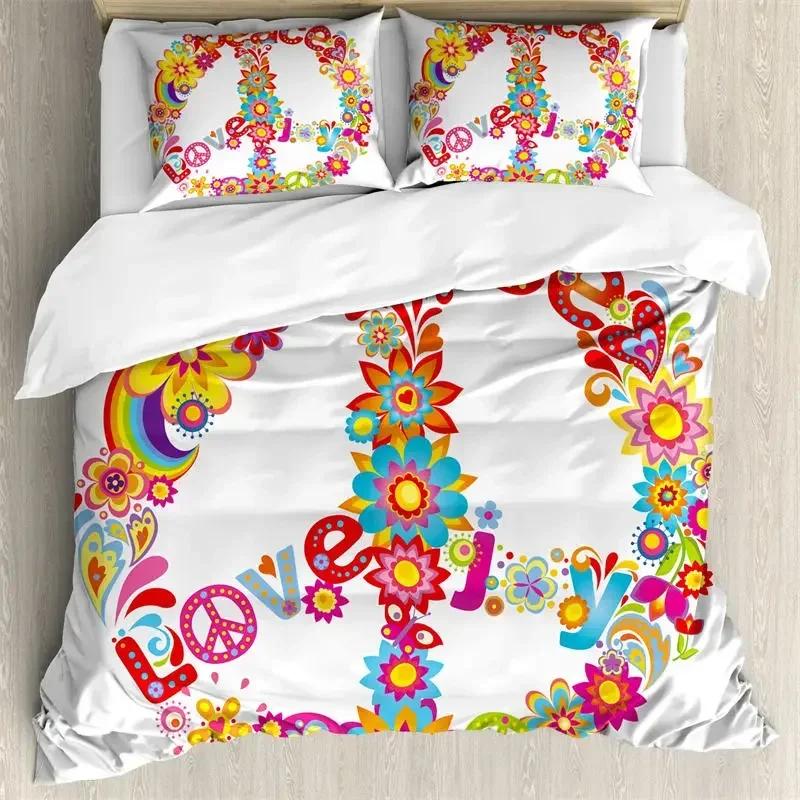 3D Hippie Peace Symbol Colorful Pattern Chic Exotic Flower Comfortable Duvet Cover Pillowcase Bedding Set Children Home Textile