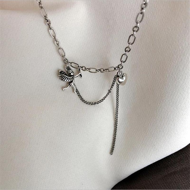 Thai Silver Texture Tassel Heart 925 Sterling Silver Jewelry Retro Love Angel Clavicle Chain Exquisite Necklaces TYB351