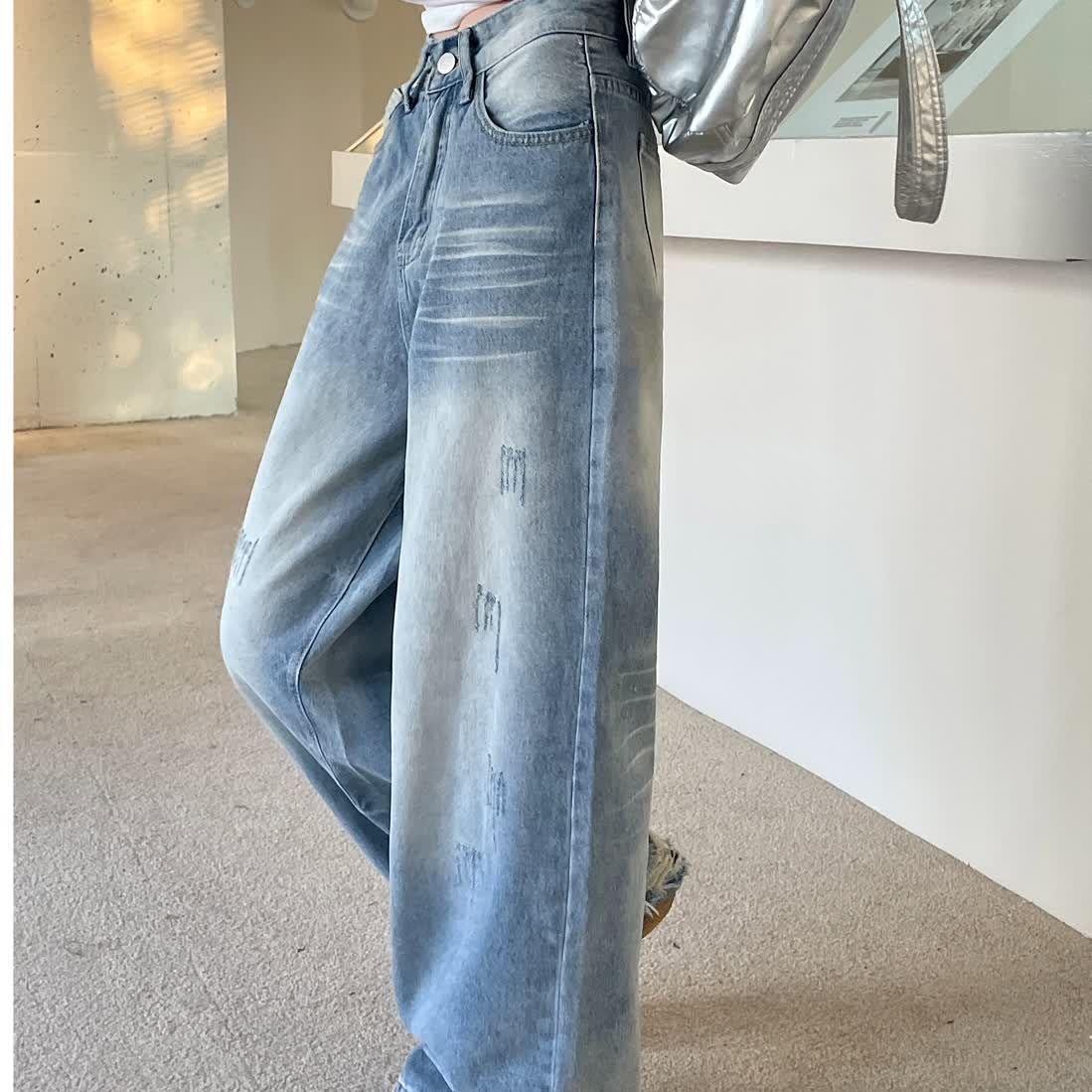 

Винтажные потертые белые широкие джинсы с царапинами, женские, 2025, новые элегантные свободные брюки больших размеров с высокой талией, повседневные брюки-швабры в американском стиле 3XL светло-синий