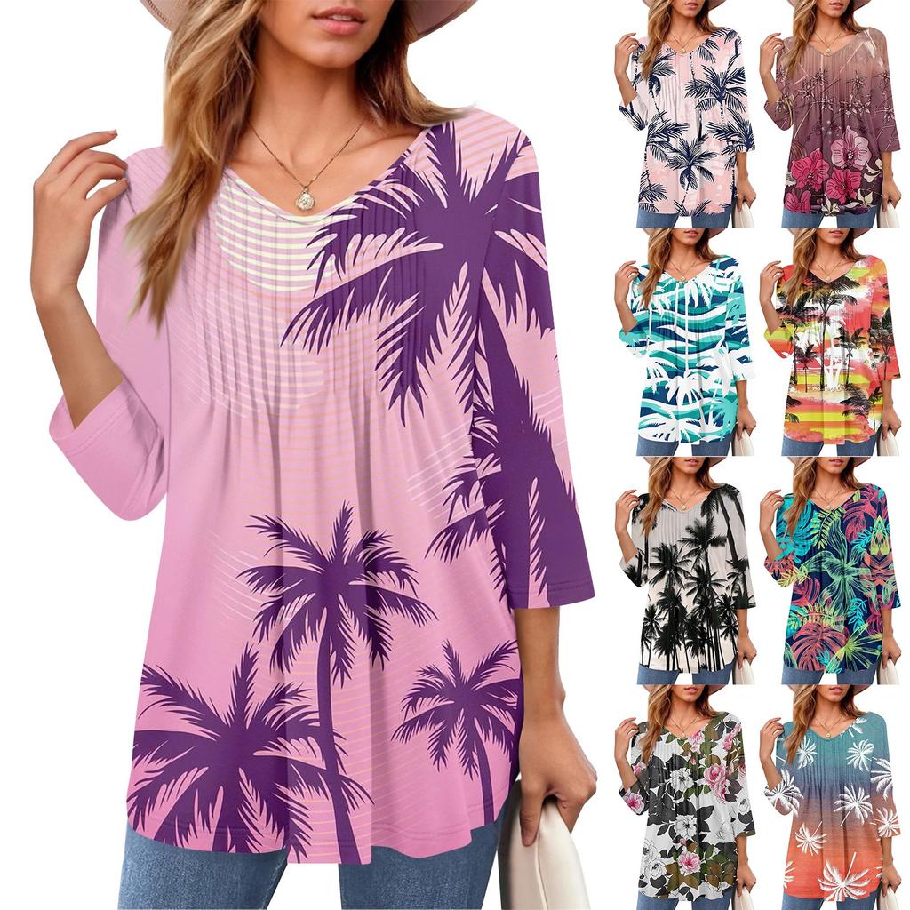 Damen Tops V-Ausschnitt Dreiviertelärmel Gestreift Plissee Casual Sommermode Shirt Tops