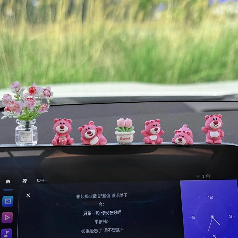 Car ornament cute strawberry bear central control screen decompression little doll car interior decoration new internet famous