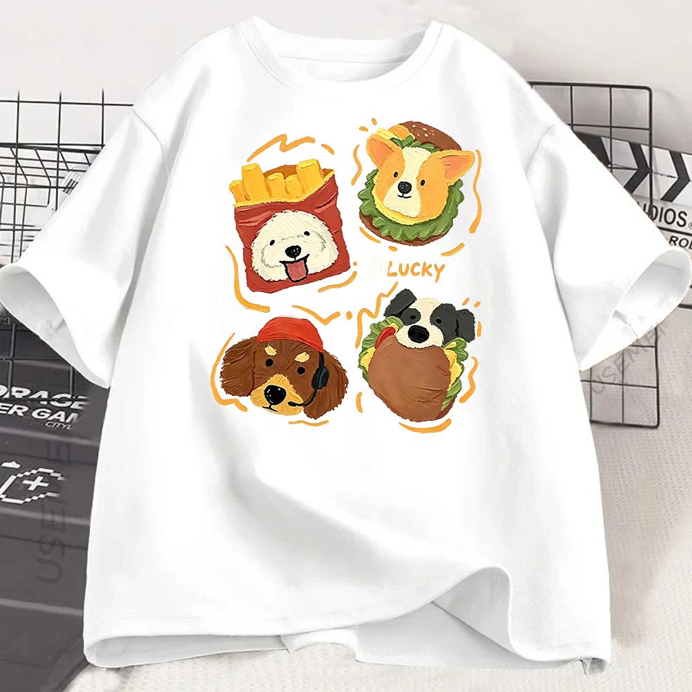 Cartoon Dog Food Printed Tshirt for Unisex Summer Short Sleeves Loose Casual Cute Pet Pattern Top Trendy Versatile Round Neck
