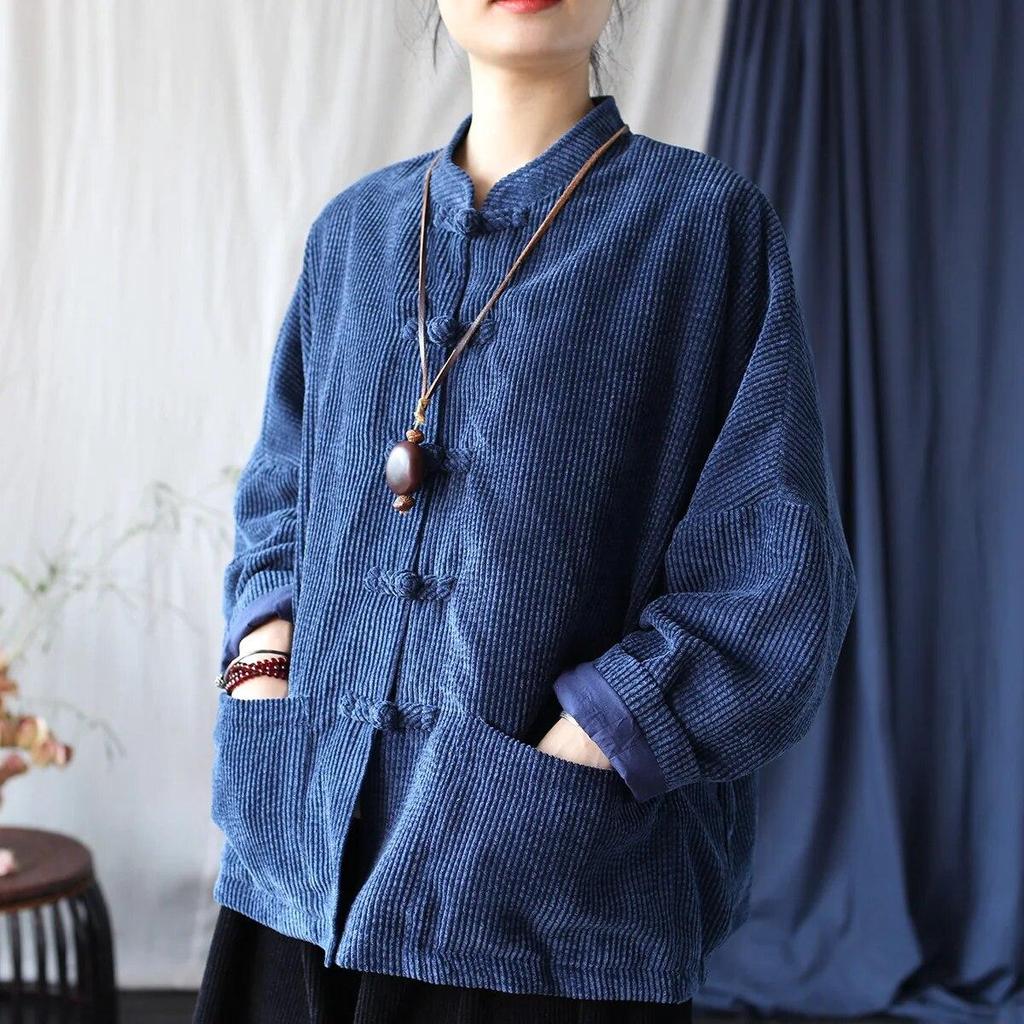 Johnature Dámské Vintage Stojáčkové Bundy Stojáčkové Dlouhý Rukáv Podzimní Kabáty Knoflík Jednobarevné Patchwork Kapsy Bundy