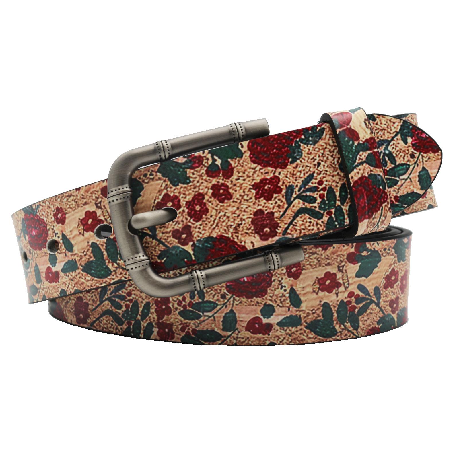 

Иностранный тренд красный маленький цветочный PU принтованный пояс дизайн полный пряжка ремень 125cm красный