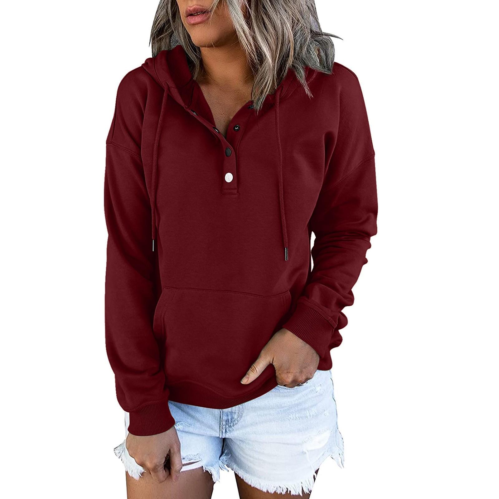 

Женские пуловеры с капюшоном Топы Повседневные толстовки на пуговицах с длинным рукавом и карманом XXXL винный