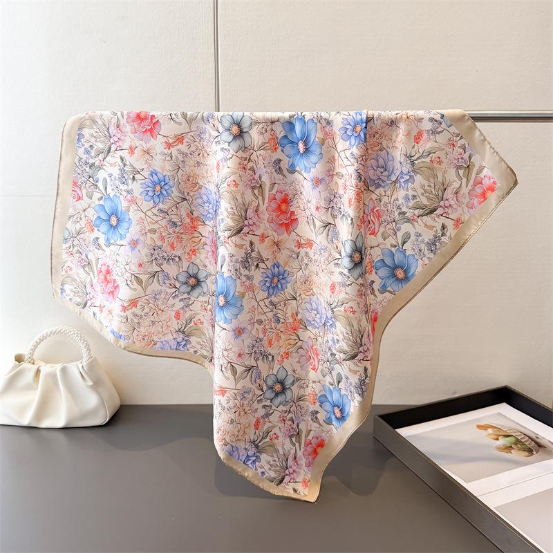 2026 New Floral Print Designer 70Cm Square Silk Women's Scarf Spring Summer Satin Scarves Shawl Headband Bandana Hijab Wrap