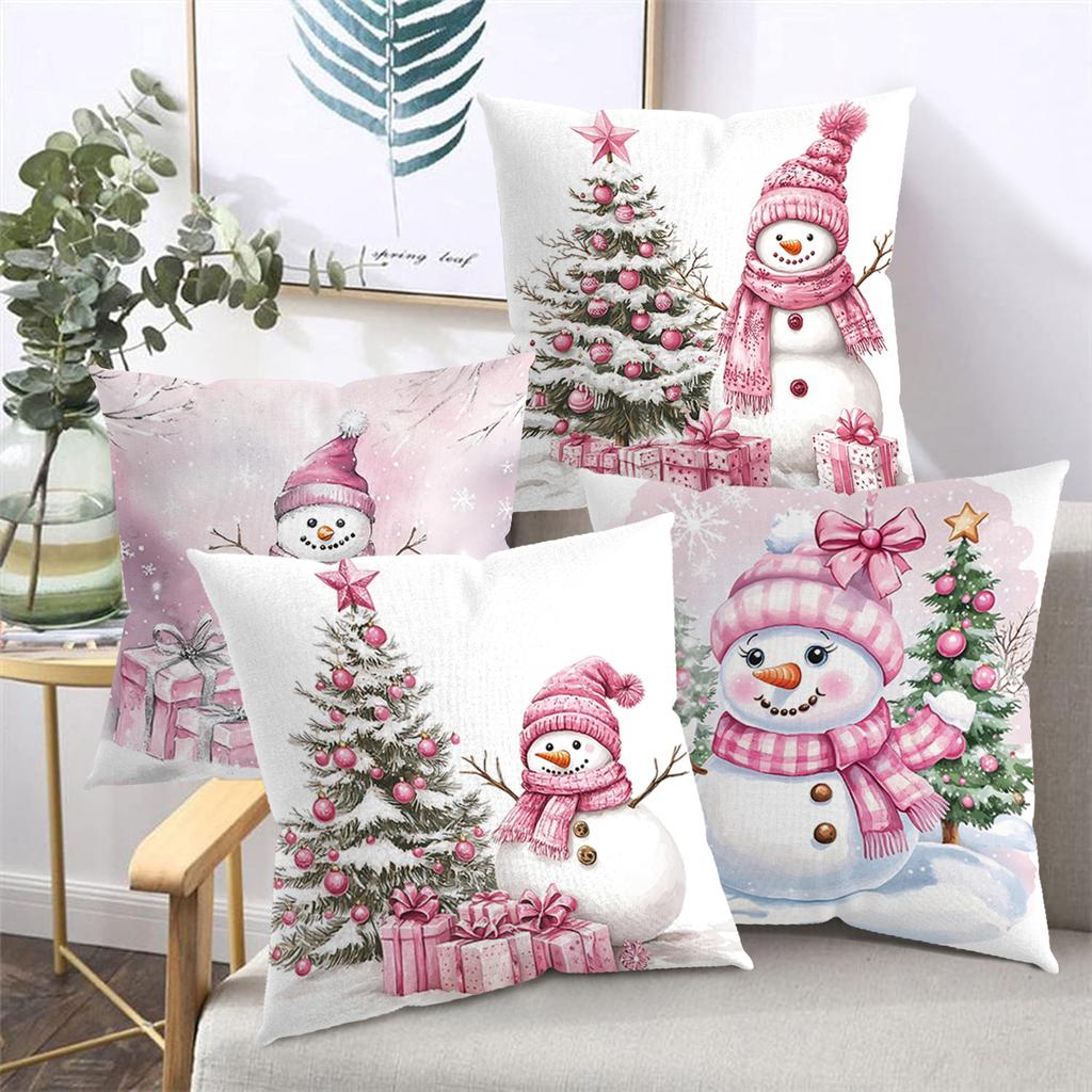 Pink Snowman Christmas Pattern Decorative Cushions Polyester Pillowcase, Sofa Decorative Cushion Cover, Bedside Throw Pillow