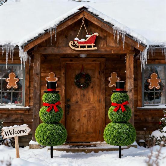 Christmas Snowman Topiary Artificial Snowman Shaped Topiary Tree Pot with Red Bow Santa Hat for Indoor Outdoor Home Porch Yard Holiday Decor