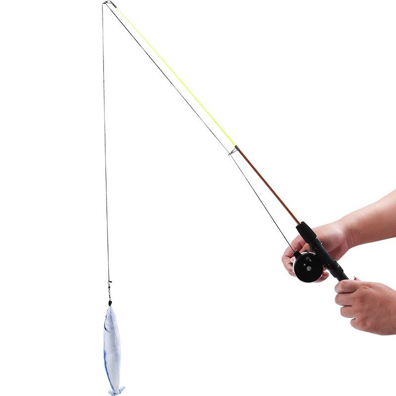 Retractable Cat Teaser Wand Interactive Fishing Rod Toy with Feather Fish Lure Durable Play Pole for Kittens Cats