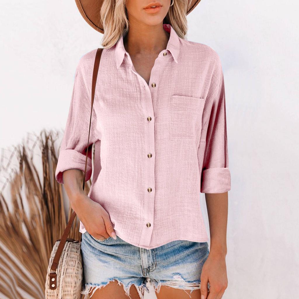 Women's Loose Cotton Linen Solid Color Long Sleeve Cardigan Irregular Pocket Shirt Top