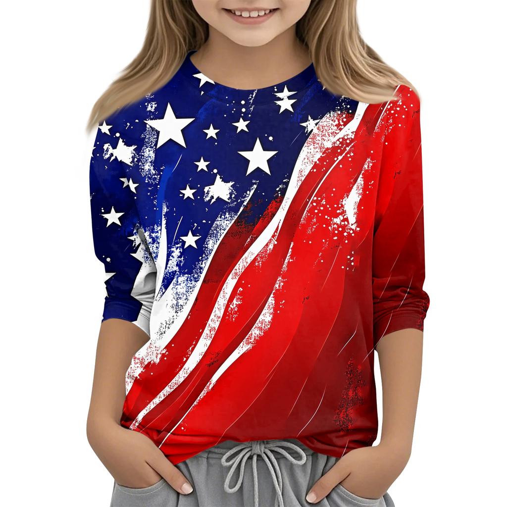 Dziecięce bluzki z rękawem 3/4, casualowy T-shirt z nadrukiem, okrągły dekolt, bluzka typu pulower