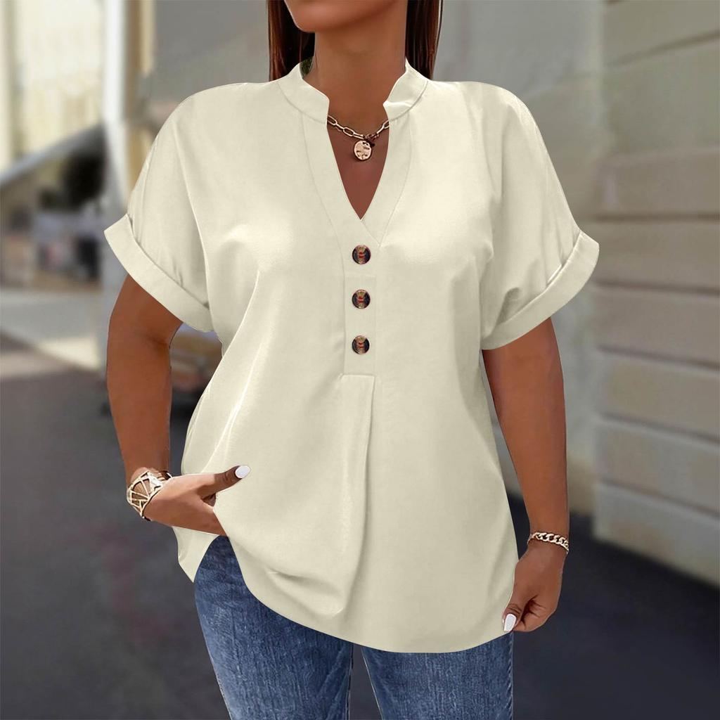 Women's Fashion Short Sleeve V Neck Button Up Blouse Stylish Casual Plus Size Top