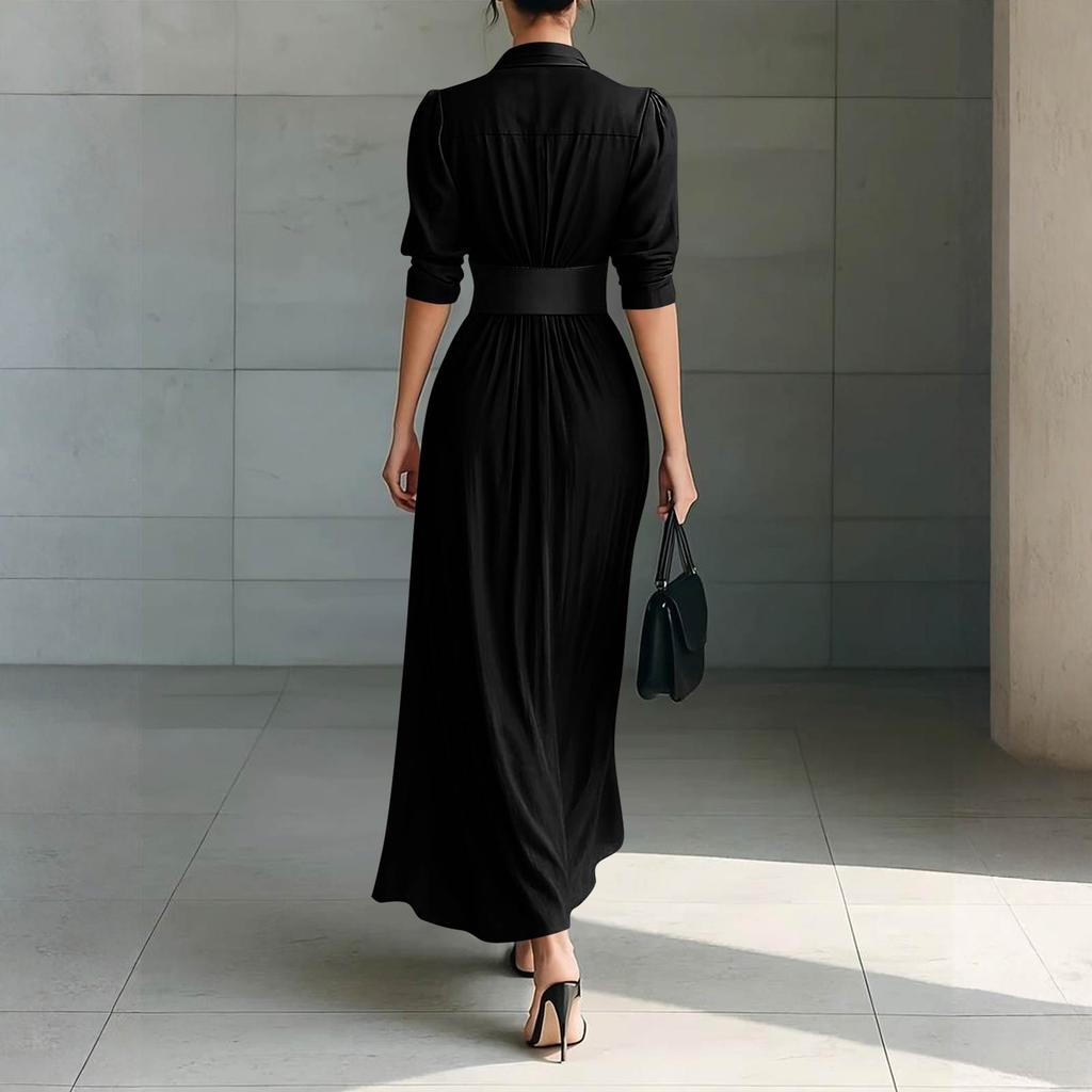 Damen Farbe Modisch Kragen Knopfleiste Hemdkleid Mit Gürtel