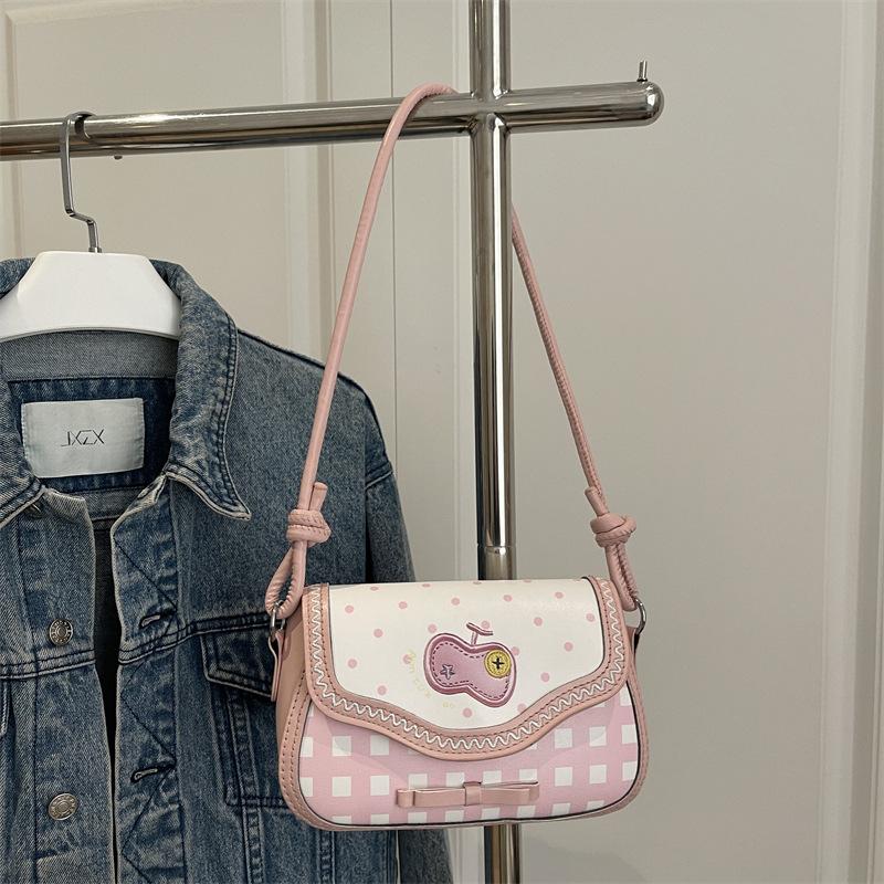 

Cute Apple Plaid Patchwork Pu Shoulder Bags for Women Ctrast Color Sweet Bow Ladies Crossbody Bag Portable Girls Handbags