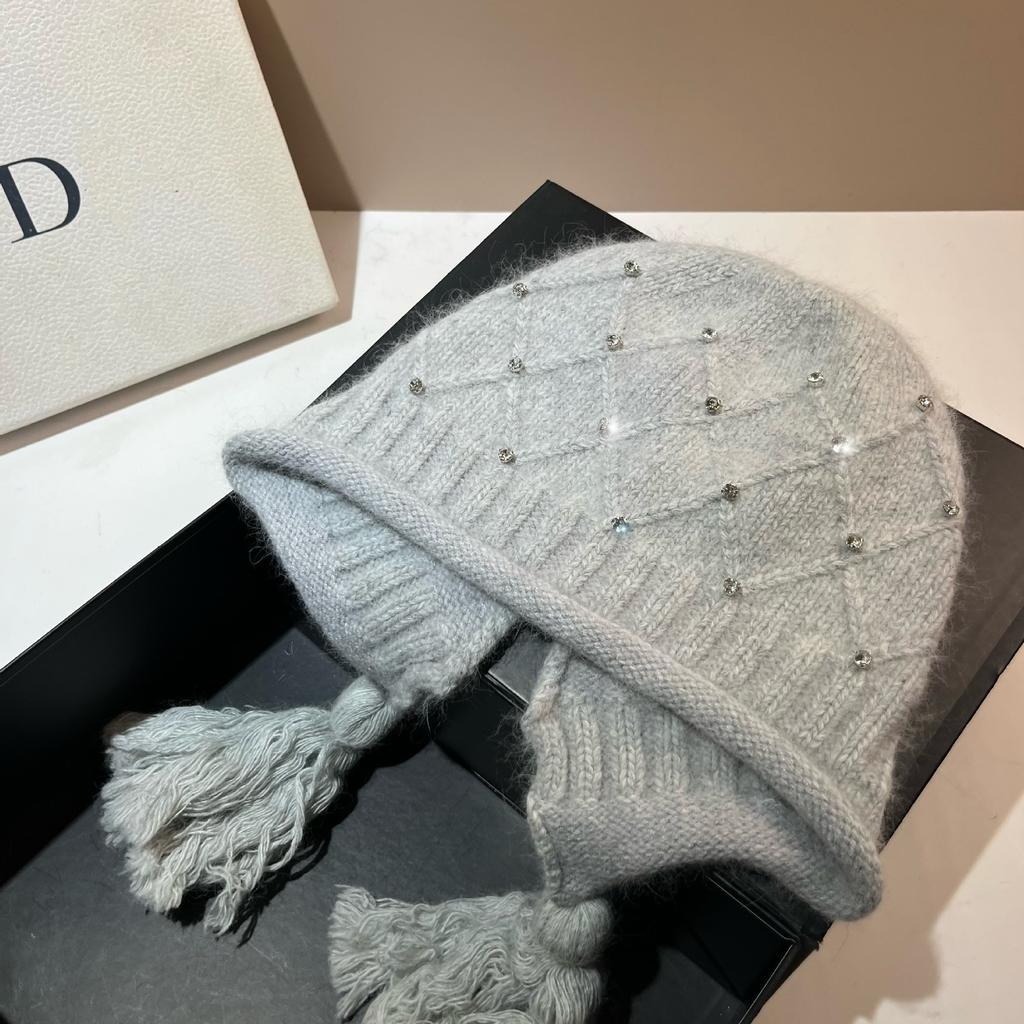 Xiaoxiangfeng Rhombus Rabbit Velvet Knitted Hat Angora Rabbit Hair Warm Soft Waxy Ear Protection Hat Rhinestone Fringed Baotou Hat Winter