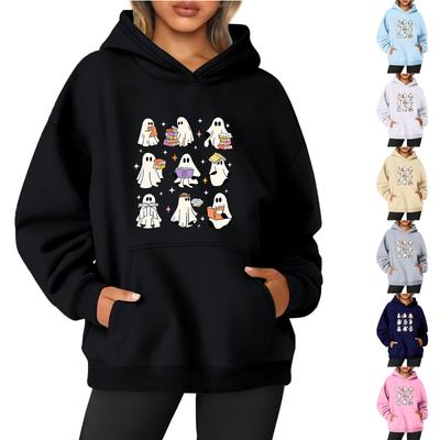 Women's O-neck Long Sleeve Halloween Printed Top Solid Color Hoodie