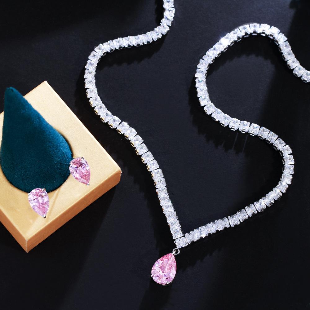 Princess Pink Diamond Stud Earrings Necklace Skinny Zircon Two-Piece Set Earrings Pendant Necklace Set