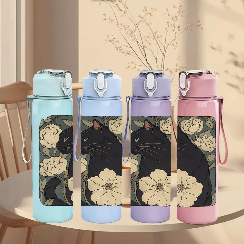 1PC Vintage Black Cat Floral Tile 750ml Color Plastic Sports Water Bottle Leakproof Flip Straw Lid For Sports Office Home Use