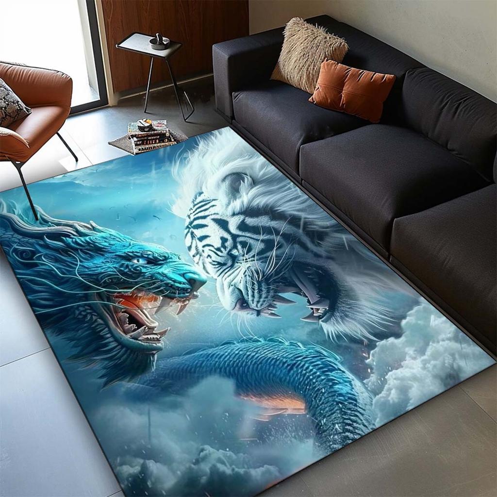 Dragon and Tiger Battle Design Area Rug, Anti-Slip Polyester Mat, Crystal Velvet, Heavy-Duty Anti-Dirty Carpet for Livin