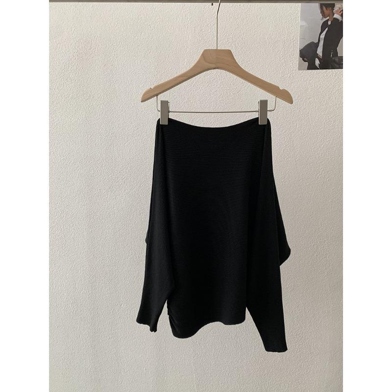 

Autumn Winter Loose Casual One Word Collar Batwing Sleeve Knitting Top Women Solid Color Sweater Pullover Top onesize чёрный
