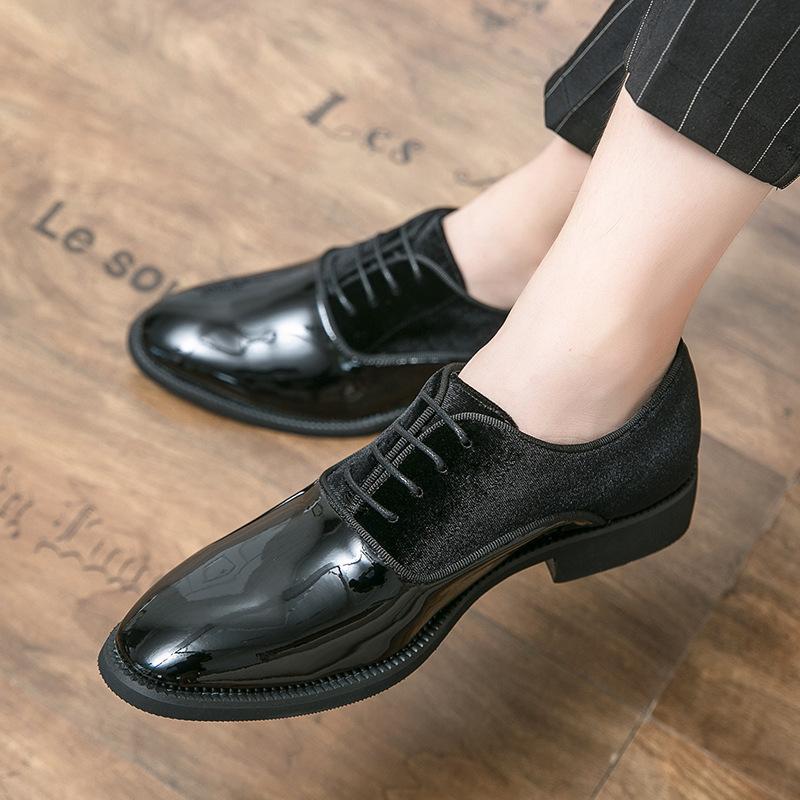 Round Head British Style Business Dress Splicing Leather Shoes Spring and Autumn Men's Height Increase Wedding Groom Derby Shoes