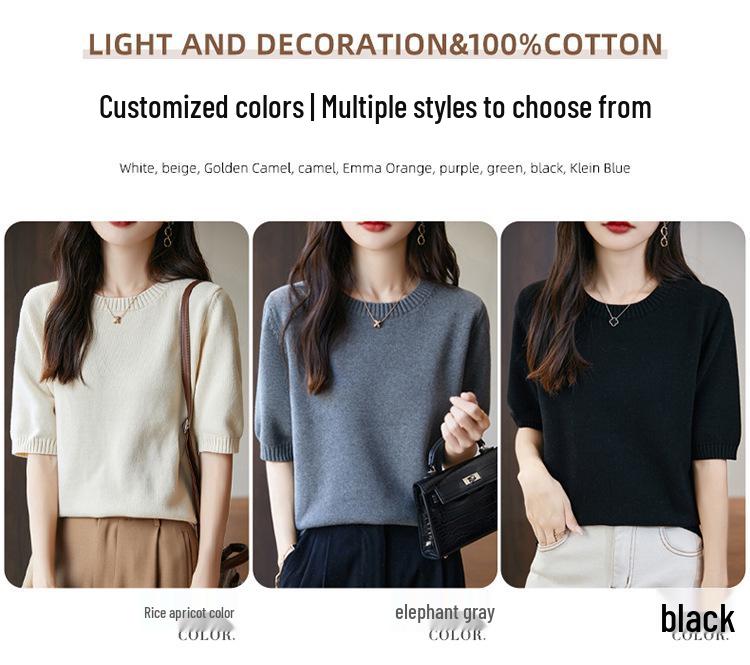 Women's Cotton Knitted Short Sleeve Round Neck Loose Pullover T-shirt