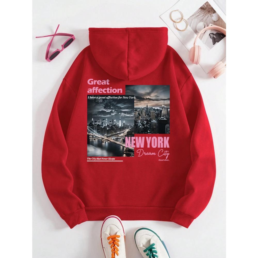 New York Dream City Printed Hoodies Casual Fashion Women Pullover Warm Pocket Sweatshirt Oversize Street Clothes