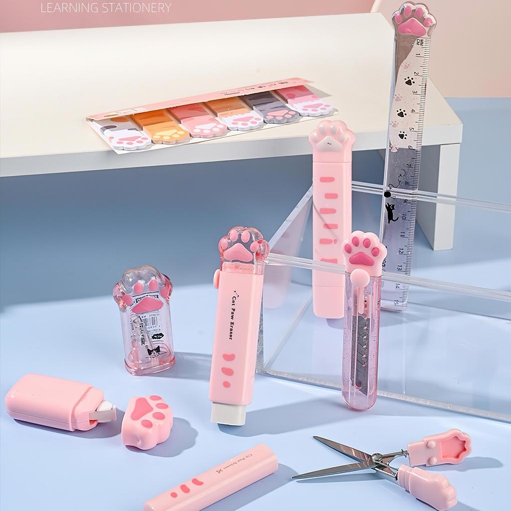 9-delige Kattenpoot Schrijfwaren Doos Set, Vouwschaar & Liniaal & Gum & Correctietape & Lijmtape in Potlooddoos Kinderbeloning