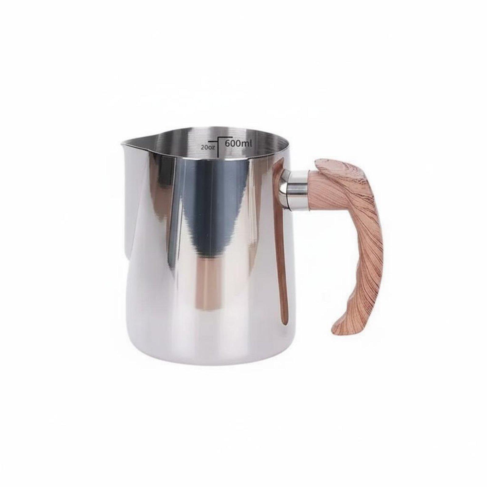 Latte Art Jug with Wooden Handle Thickened Frame Stainless Steel Frothing Pitcher Measuring Milk Steaming Container Rust