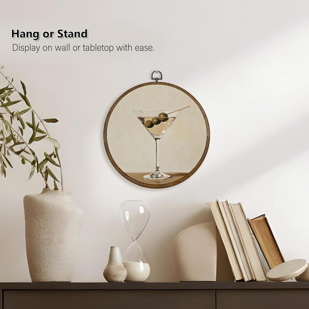 Qskjre Trendy Martini Wall Art Bar Cart Decor, Funky Cocktail Aesthetic Round Wood Framed Canvas Wall Artwork, Vintage Olive Martini Hanging Prints