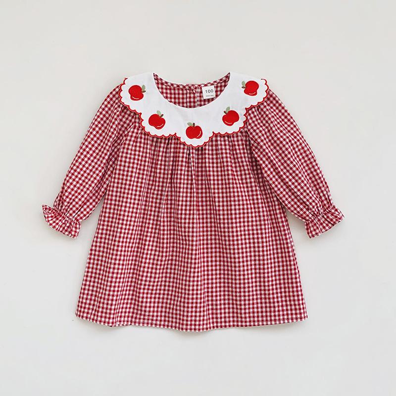 Spring Cotton Girls Dress Peter Pan Collar Apple Embroidery Plaid Long Sleeve Princess Dress For Kids 90cm