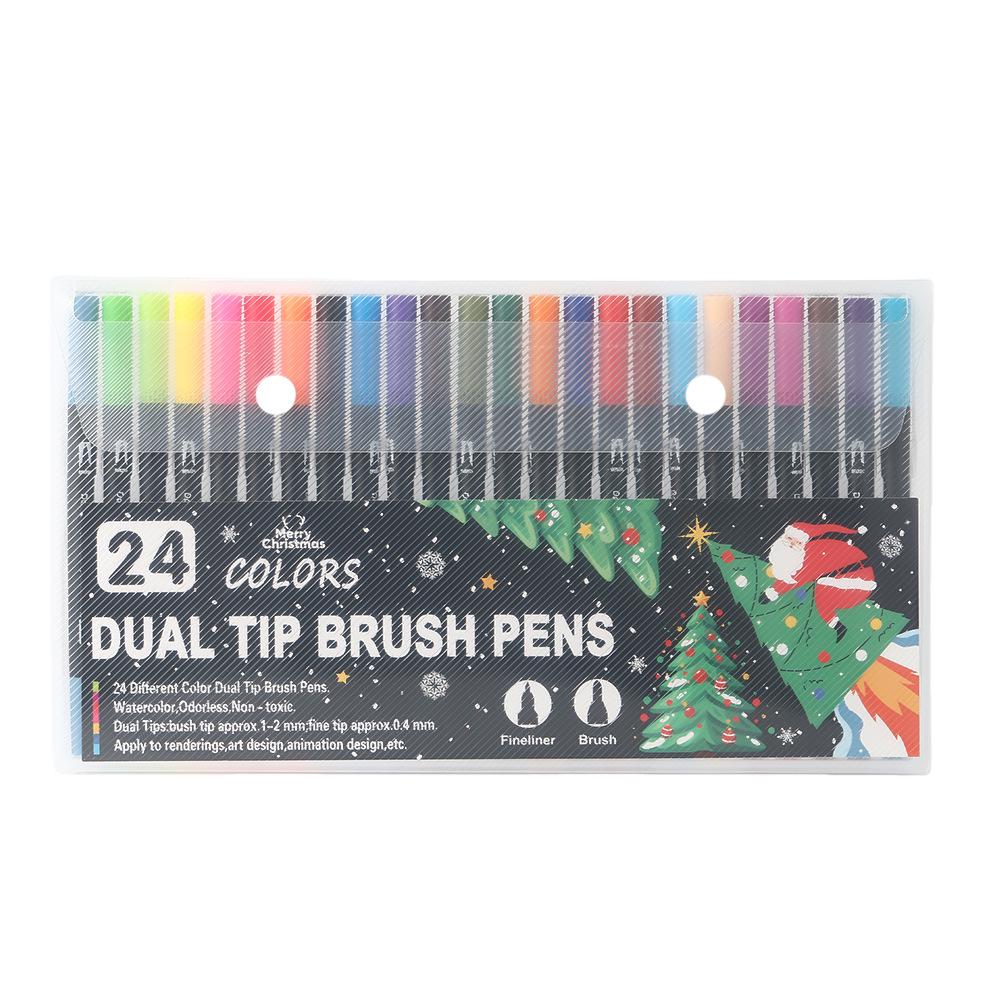 Christmas Edition Double-Ended Watercolor Marker Pen Set, Black Barrel, 12 or 24 Washable Soft Tip Colored Pens