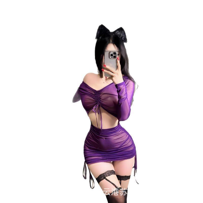 Sexy Lingerie Women's Uniform Sexy Purple Mesh See-through Pajamas Hip Skirt Pure Desire Internet Celebrity Drawstring Folds