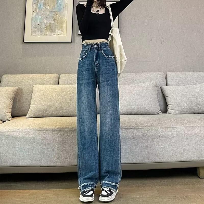 Retro Tassel Wide-leg Jeans Women's Autumn and Winter New High-waisted Loose and Thin Straight-leg Pants Spice Girl Fried Street Long Pants