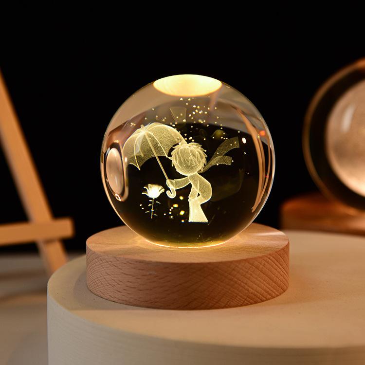 3D Art Nebula Laser Carving Solar System Moon Planet Nights Lamp LED Glowing Crystal Glass Globe Ball Wood Base Night Light
